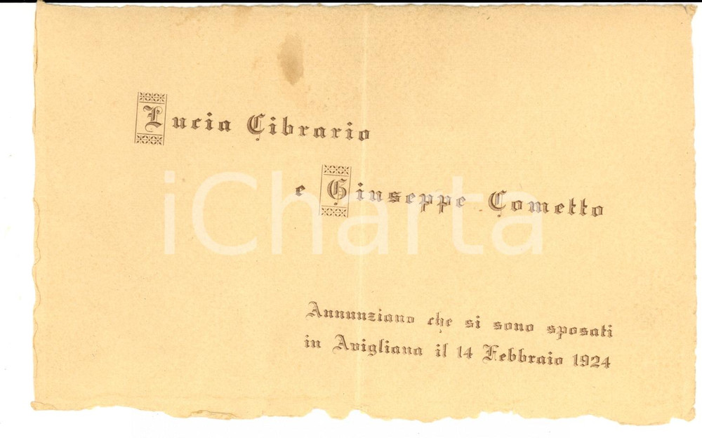 Oggetto da collezione cartaceo 1924 AVIGLIANA TO Nozze Lucia CIBRARIO  Giuseppe COMETTO Partecipazione 2 1
