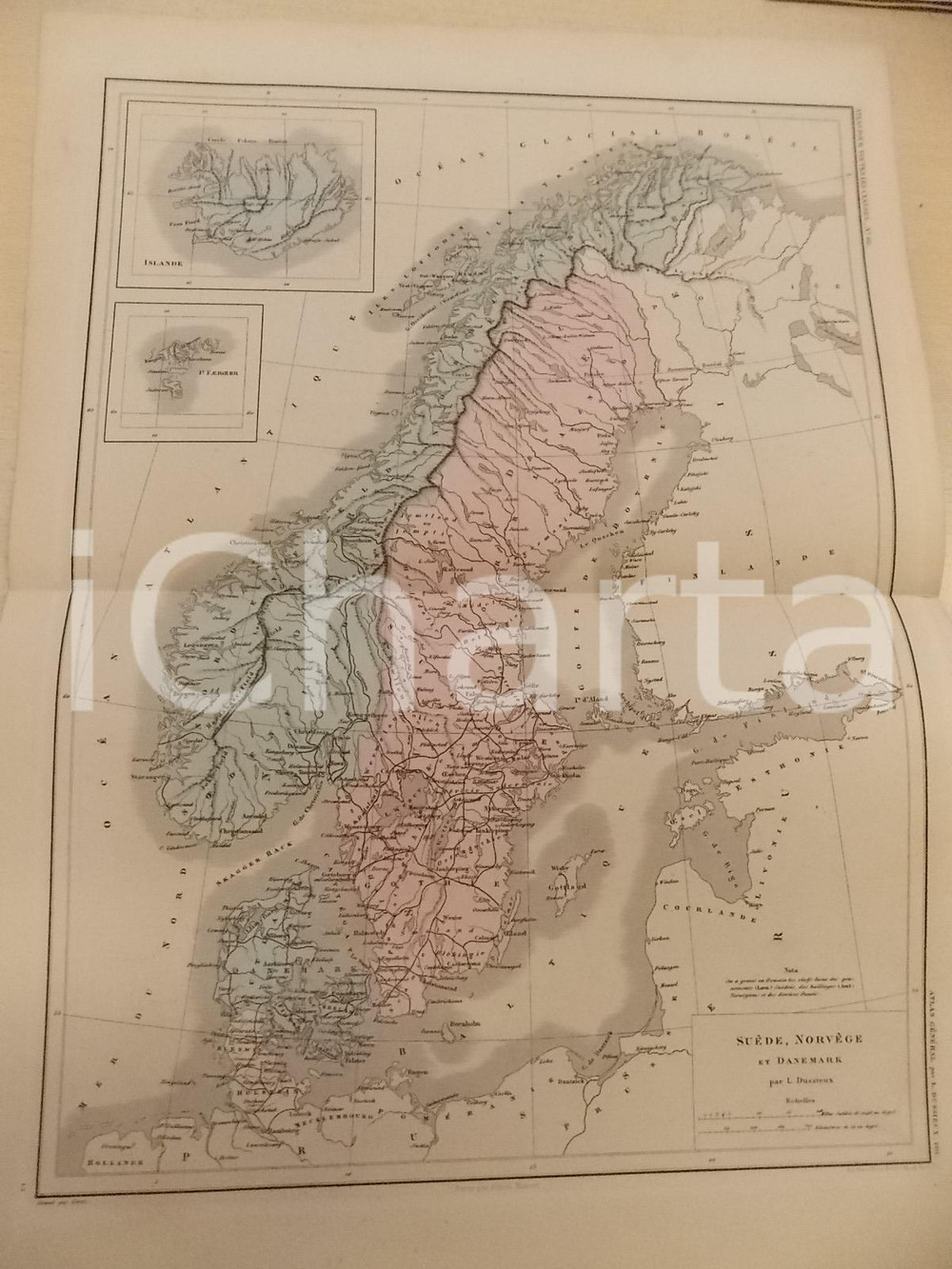 Stampa, bozzetto originale 1875 PARIS DUSSIEUX Atlas de gÃ©ographie Carte SUEDE NORVEGE DANEMARK 45x33 1
