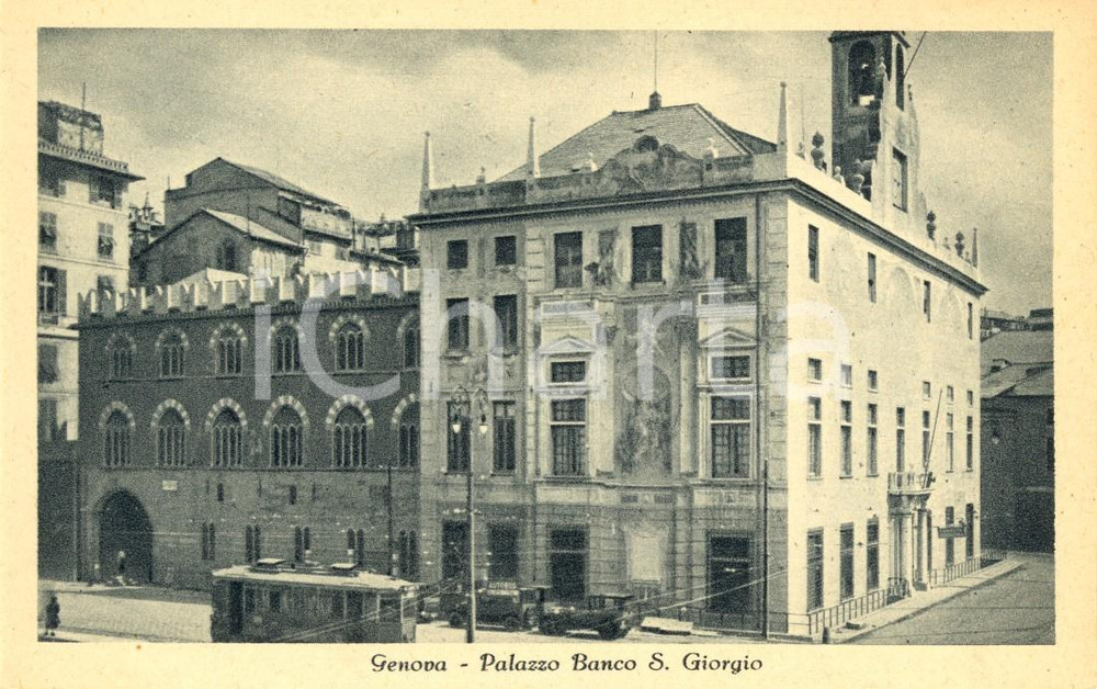 Cartolina originale da collezione 1930 ca GENOVA Palazzo del Banco SAN GIORGIO *ANIMATA con tram e autobus FP NV 1