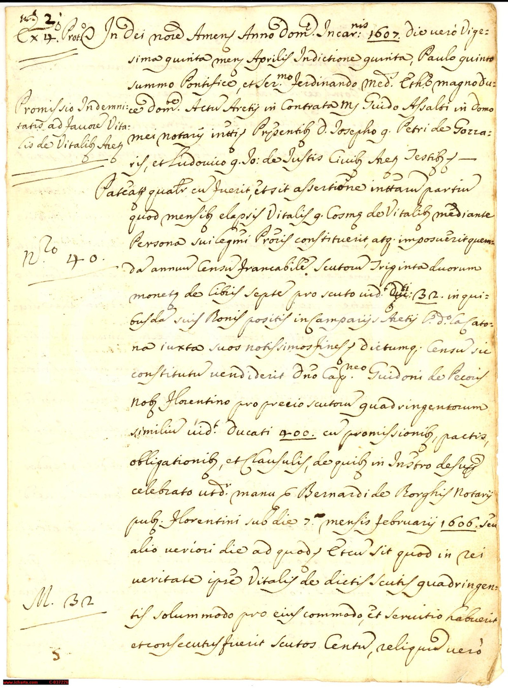 Documento originale, autentico 1608 CATONA (AR) Vitale VITALI censo a Guido de' PECORI 1