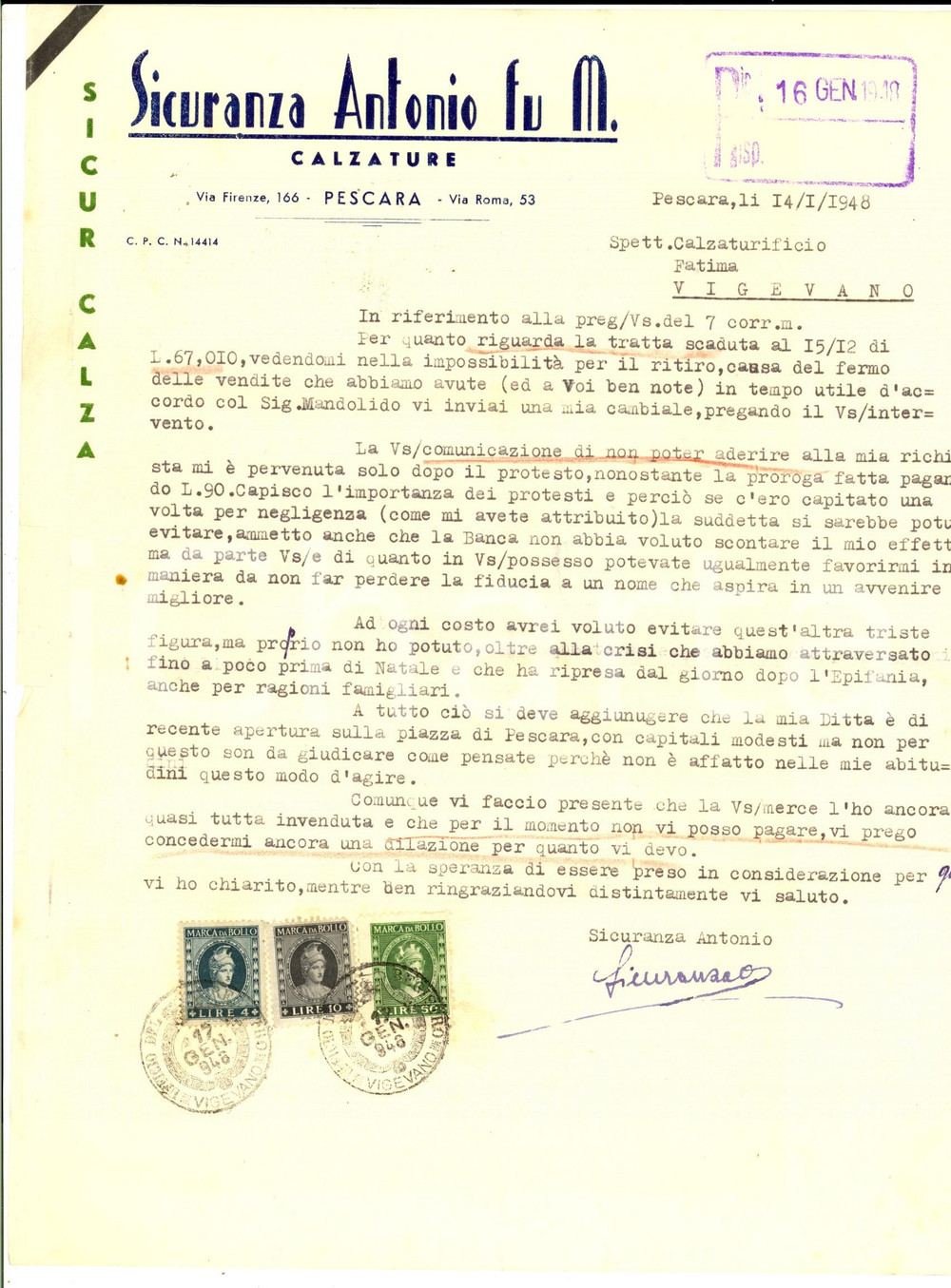 1948 PESCARA Ditta Antonio SICURANZA calzature - Merce invenduta *Lettera DATA: 1948LUOGO: PESCARATITOLO: ANTONIO SICURANZA CALZATURE - MERCE INVENDUTADESCRIZIONE: Lettera dattiloscritta, relativa all'impossibilit&agrave; di pagare una fornitura:"... la Vs merce l'ho ancora quasi tutta invenduta e per il momento non vi posso pagare...".PAGINE: 1DIMENSIONI: cm 21 x 31CONDIZIONI: mediocri (piegature d'epoca e gualciture sul lato sinistro).Documento d'epoca, originale, autentico.    originale e autentica 1