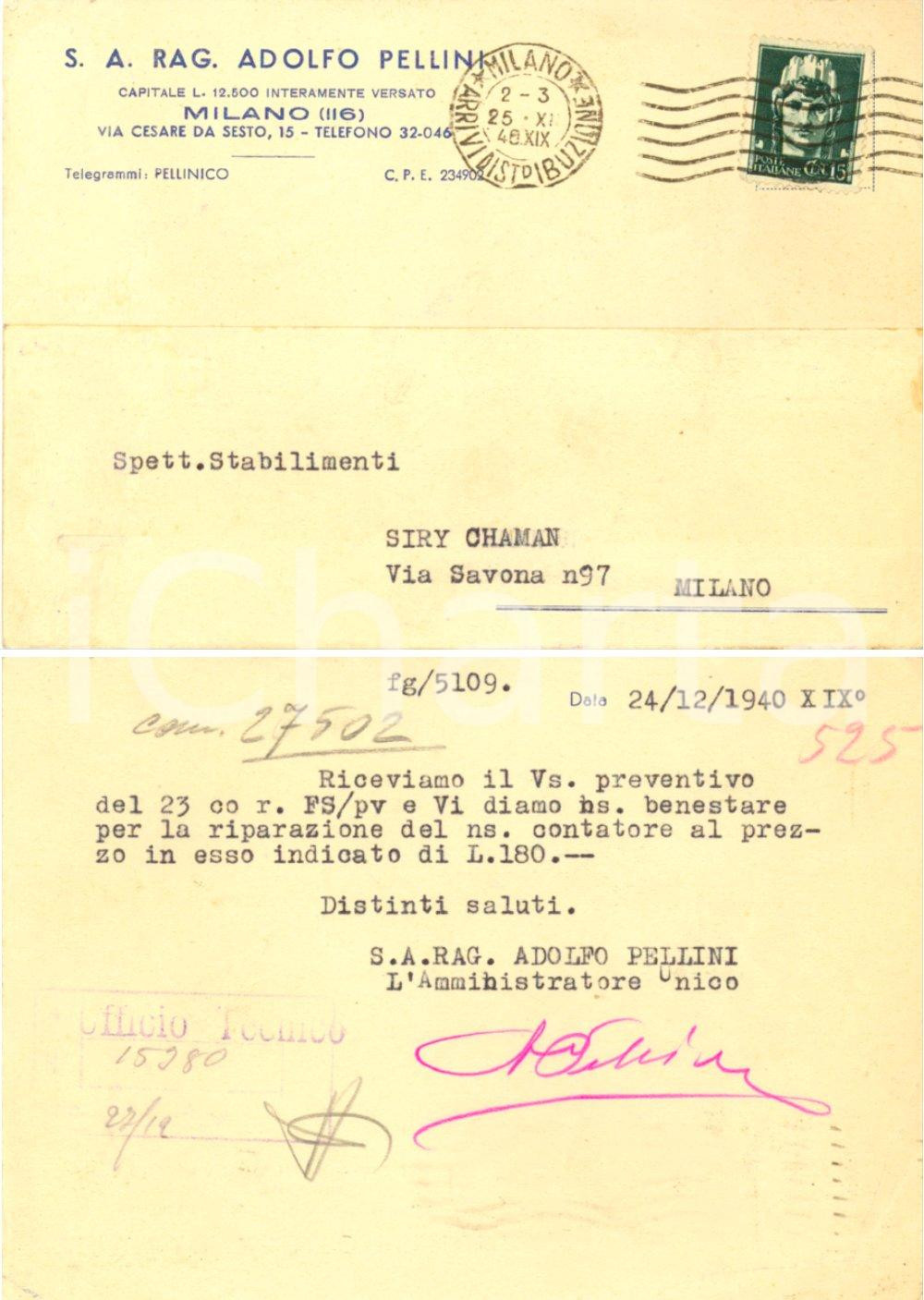 Cartolina originale da collezione 1940 MILANO Ditta PELLINI riparazione contatore stabilimenti Siry CHAMAN *FG VG 1