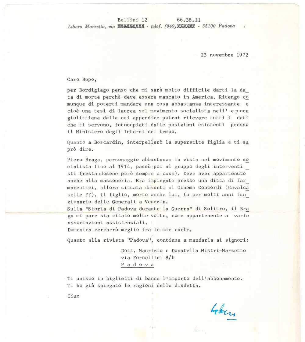 Autografo originale 1972 PADOVA Lettera Libero MARZETTO su Pietro BRAGA  AUTOGRAFO 1