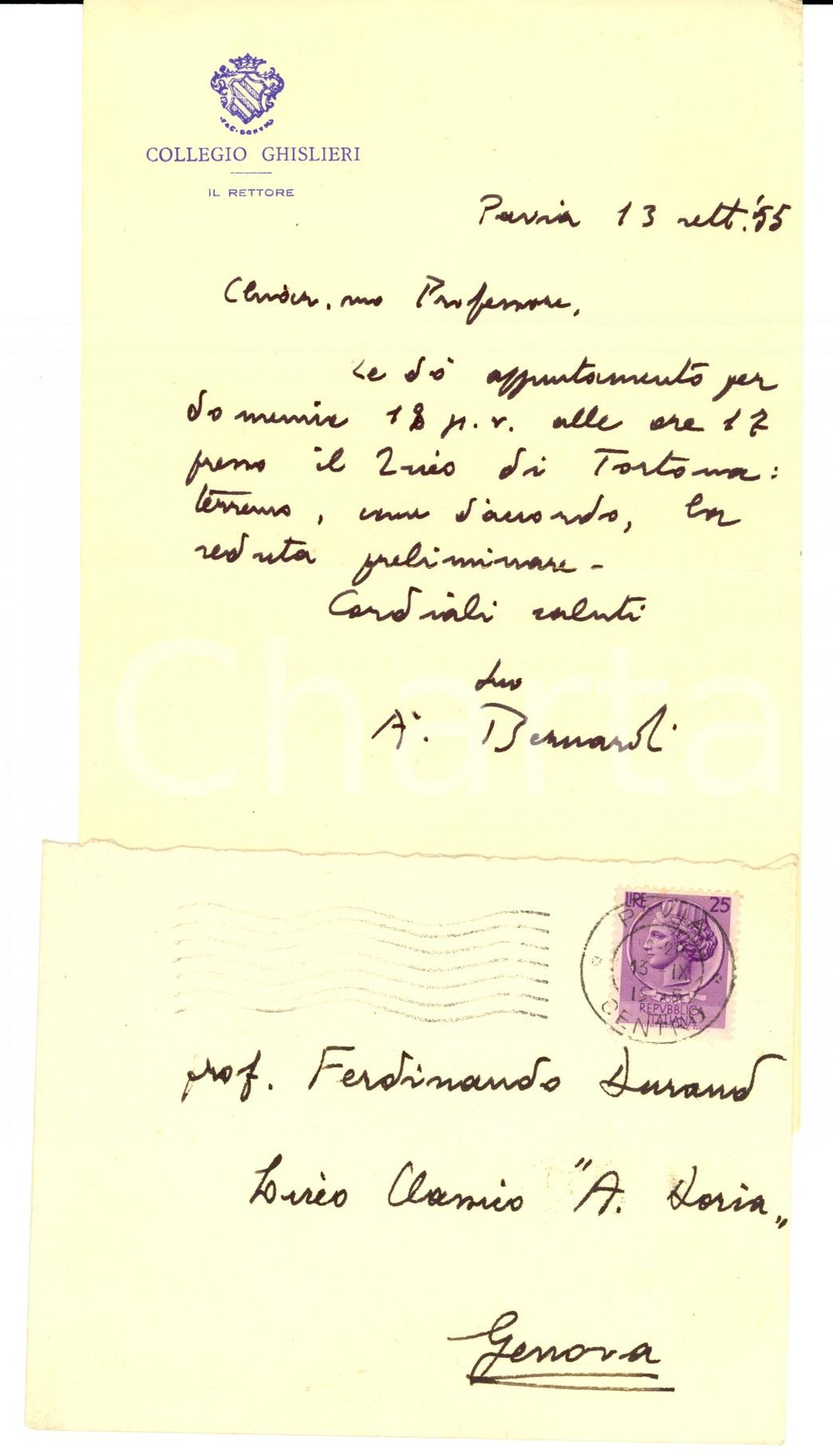 Autografo originale 1955 PAVIA Collegio GHISLIERI Rettore Aurelio BERNARDI Lettera autografa 1