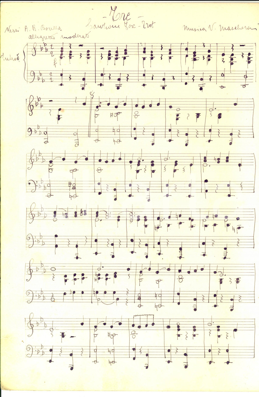 Oggetto da collezione cartaceo 1930 ca Vittorio MASCHERONI - Tre - Canzone fox-trot *Spartito MANOSCRITTO 1