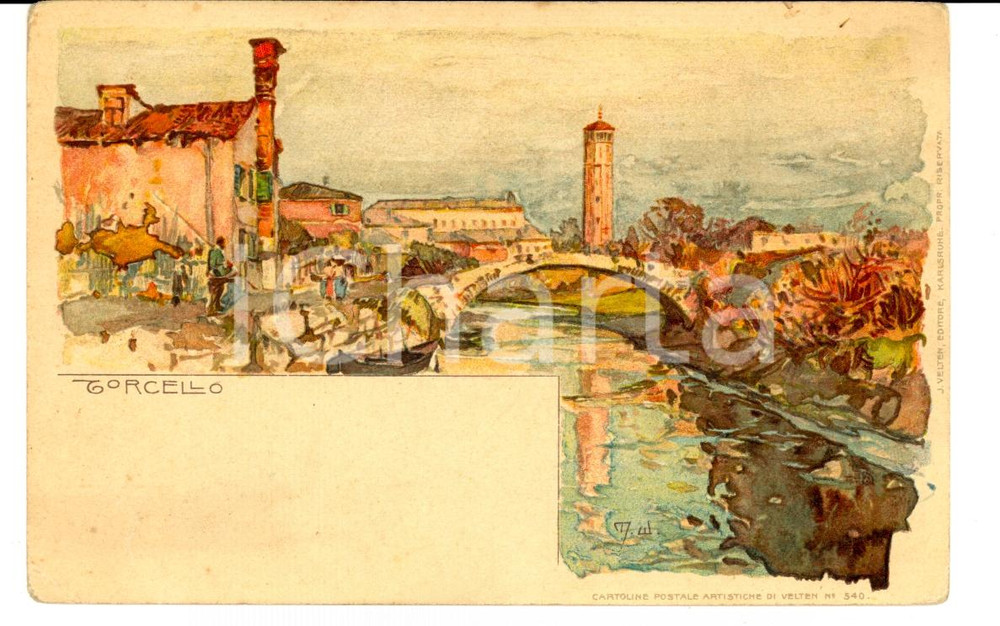 Cartolina originale da collezione 1900 VENEZIA TORCELLO Panorama con Ponte del Diavolo Ill. Manuel WIELANDT FP NV 1