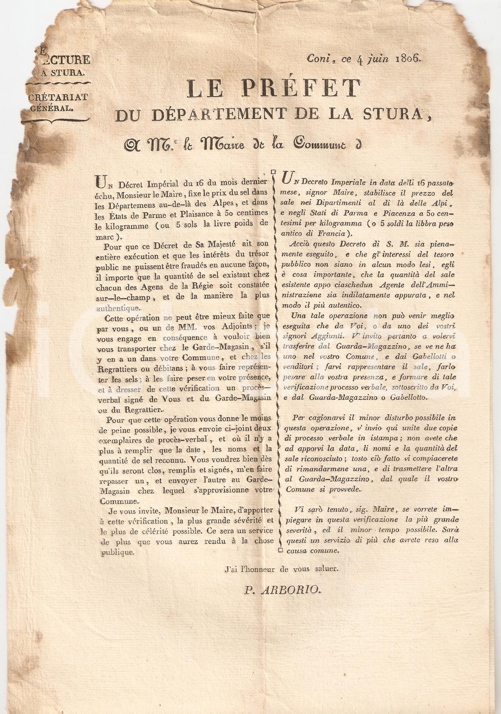 Documento originale, autentico 1806 ITALIA NAPOLEONICA Prezzo fisso del sale RARO 1