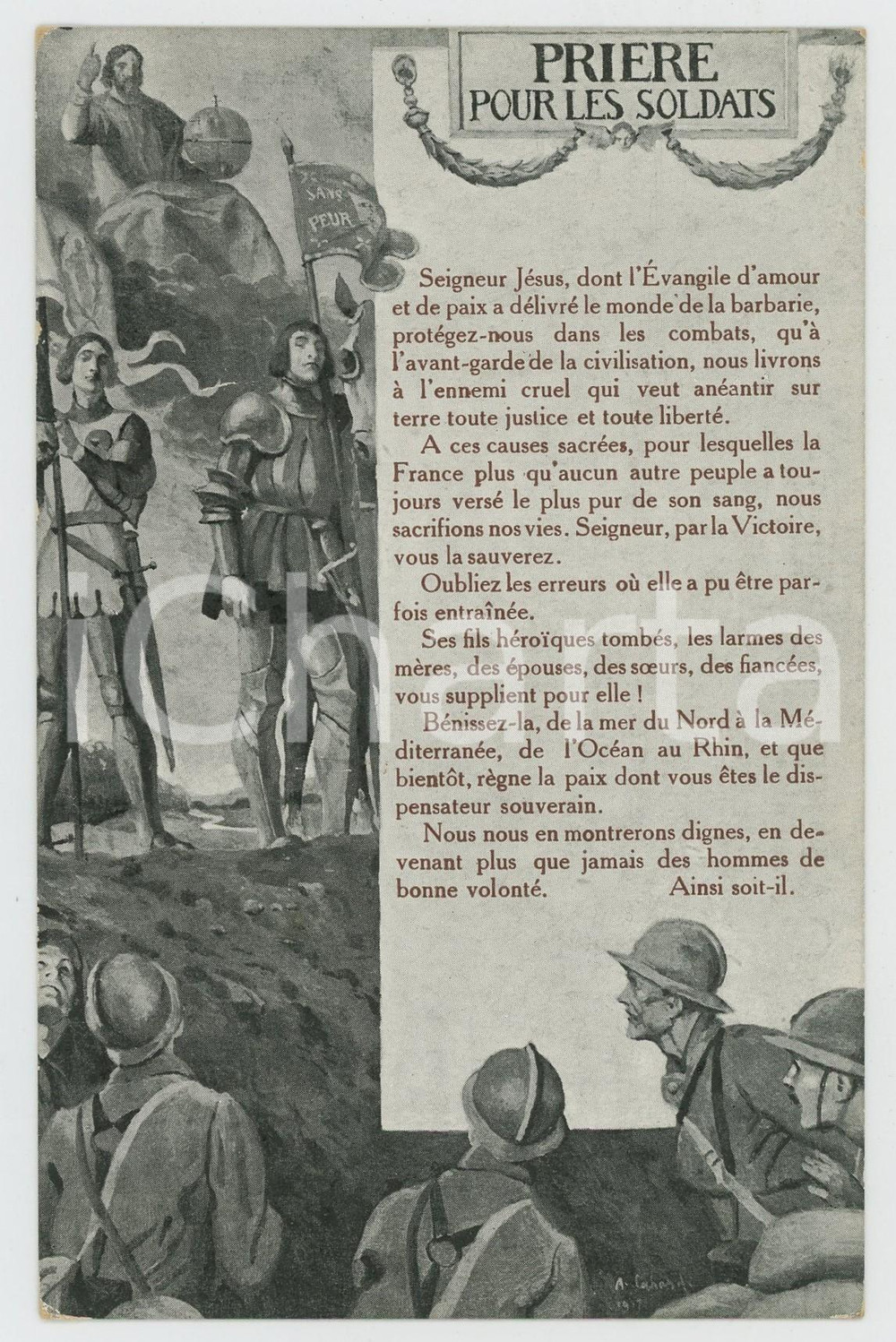 1915 ca WW1 Priere pour les soldats - Carte postale ILLUSTRÃ‰E FP NV  Cartolina postale d'epoca, non viaggiata ma con nota manoscritta al verso. FAIR/discreto Lievi smussature agli angoli Formato: FP originale e autentica 1