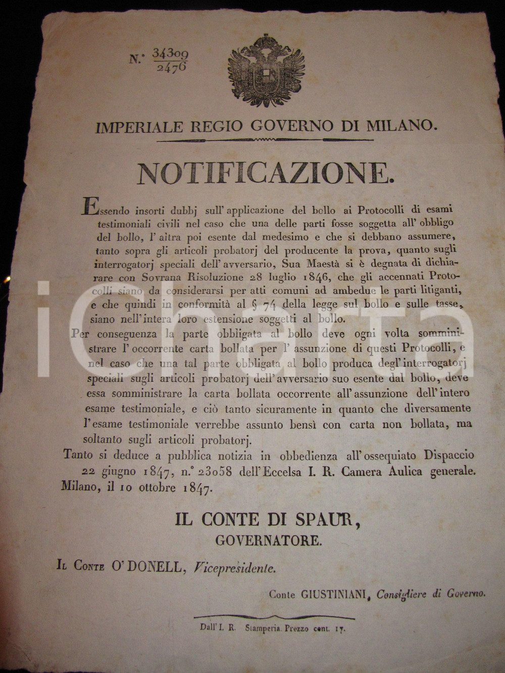 Documento originale, autentico 1847 MILANO Carta bollata per cause deve essere fornita dalle parti MANIFESTO 1