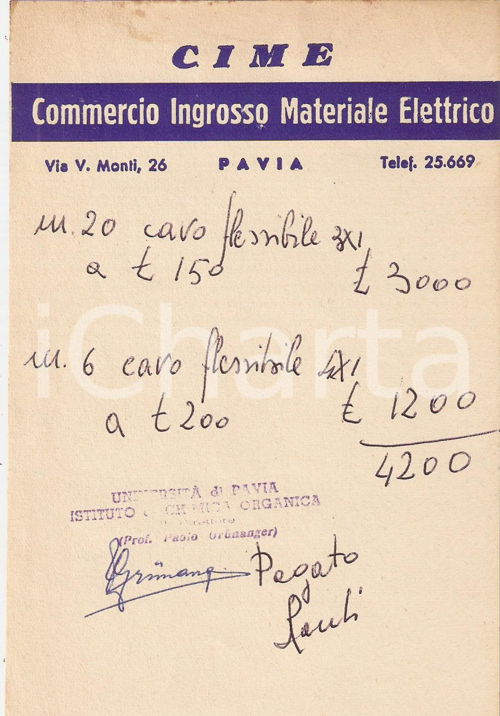 Materiale pubblicitario d’epoca 1965 ca PAVIA Ditta CIME Commercio Ingrosso Materiale Elettrico *Ricevuta 11x16 1