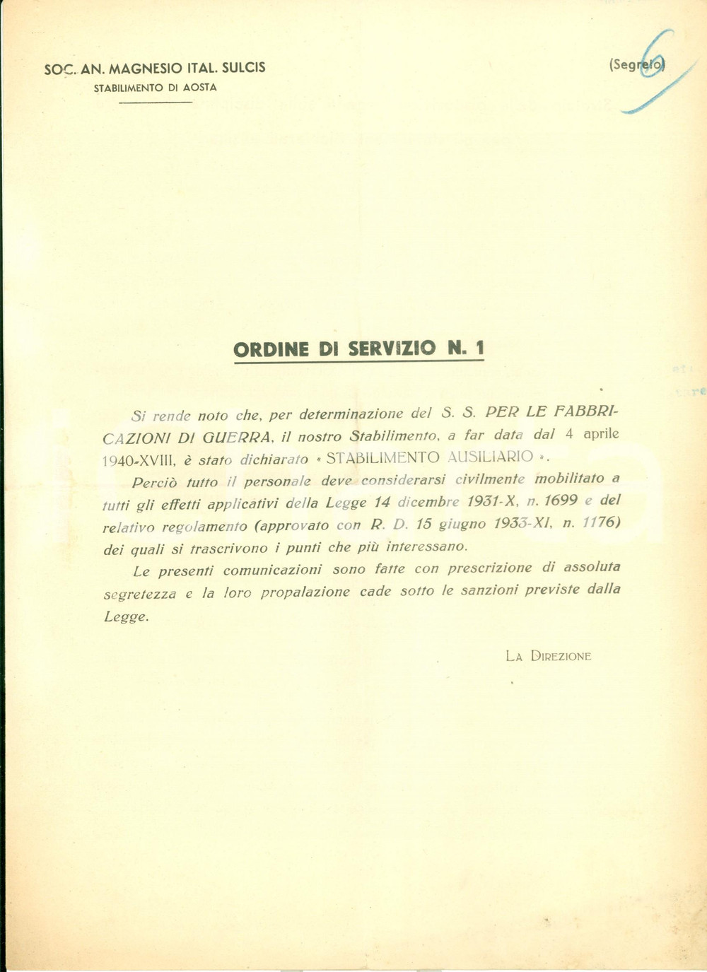 Documento originale, autentico 1940 AOSTA WW2 Gerarchia Soc. An. Magnesio Italiano SULCIS per mobilitazione 1