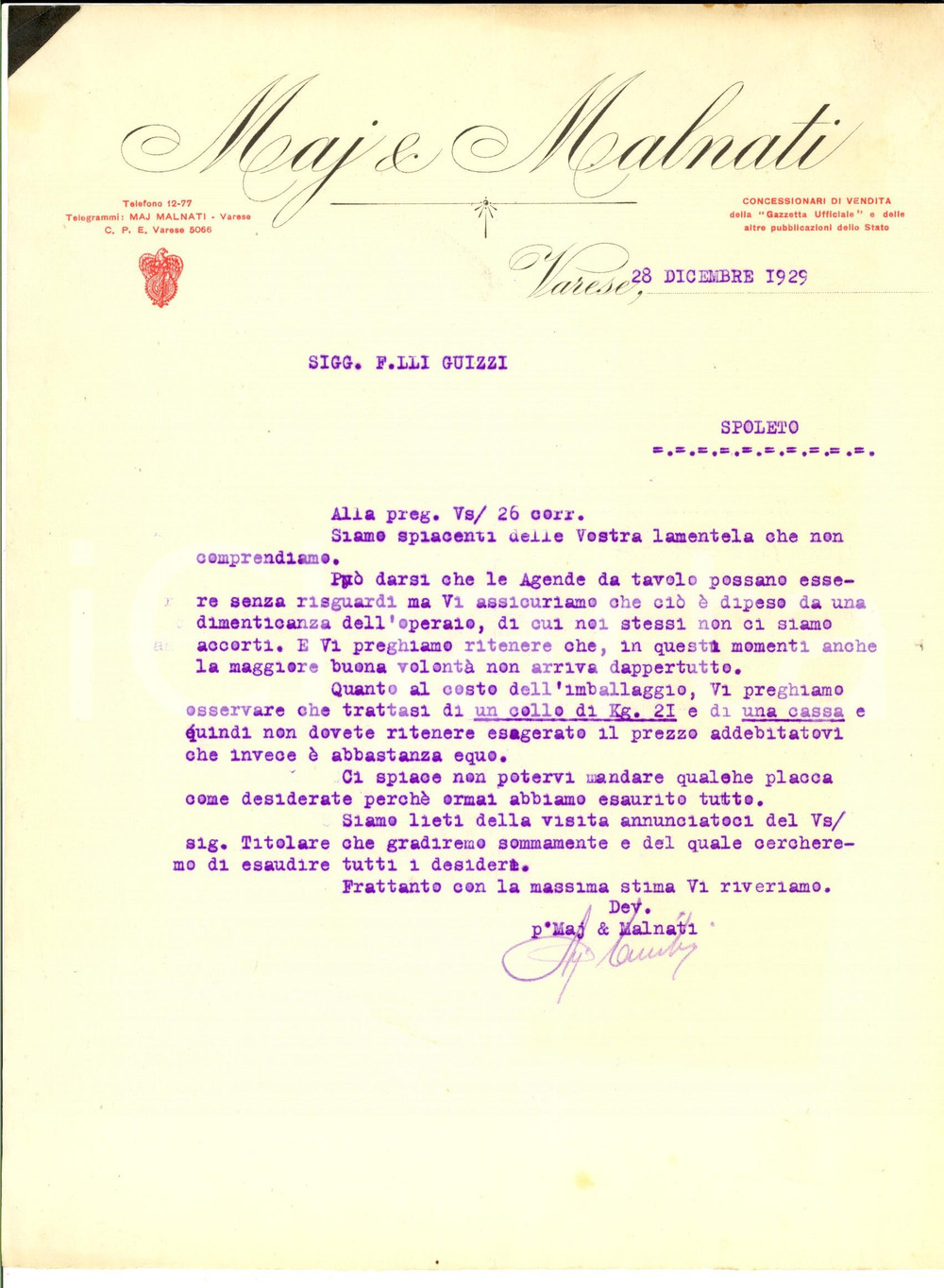 Documento originale, autentico 1929 VARESE MAJ & MALNATI Stabilimento TIPOGRAFICO Lettera commerciale 1