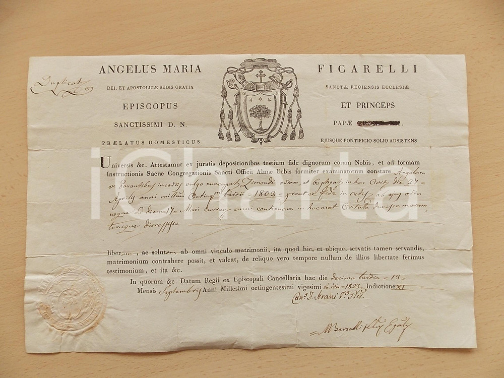 Documento originale, autentico 1823 REGGIO EMILIA Fede di stato libero Angela PARENTI 36x25 cm con sigillo 1