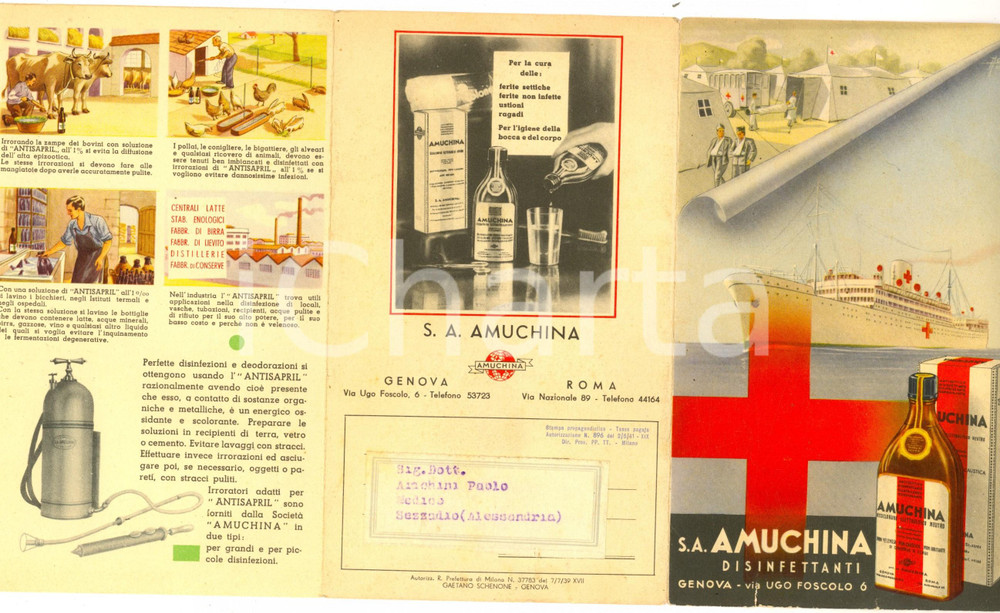 Materiale pubblicitario d’epoca 1941 GENOVA Opuscolo disinfettante Antisapril AMUCHINA  Feriti di guerra 1