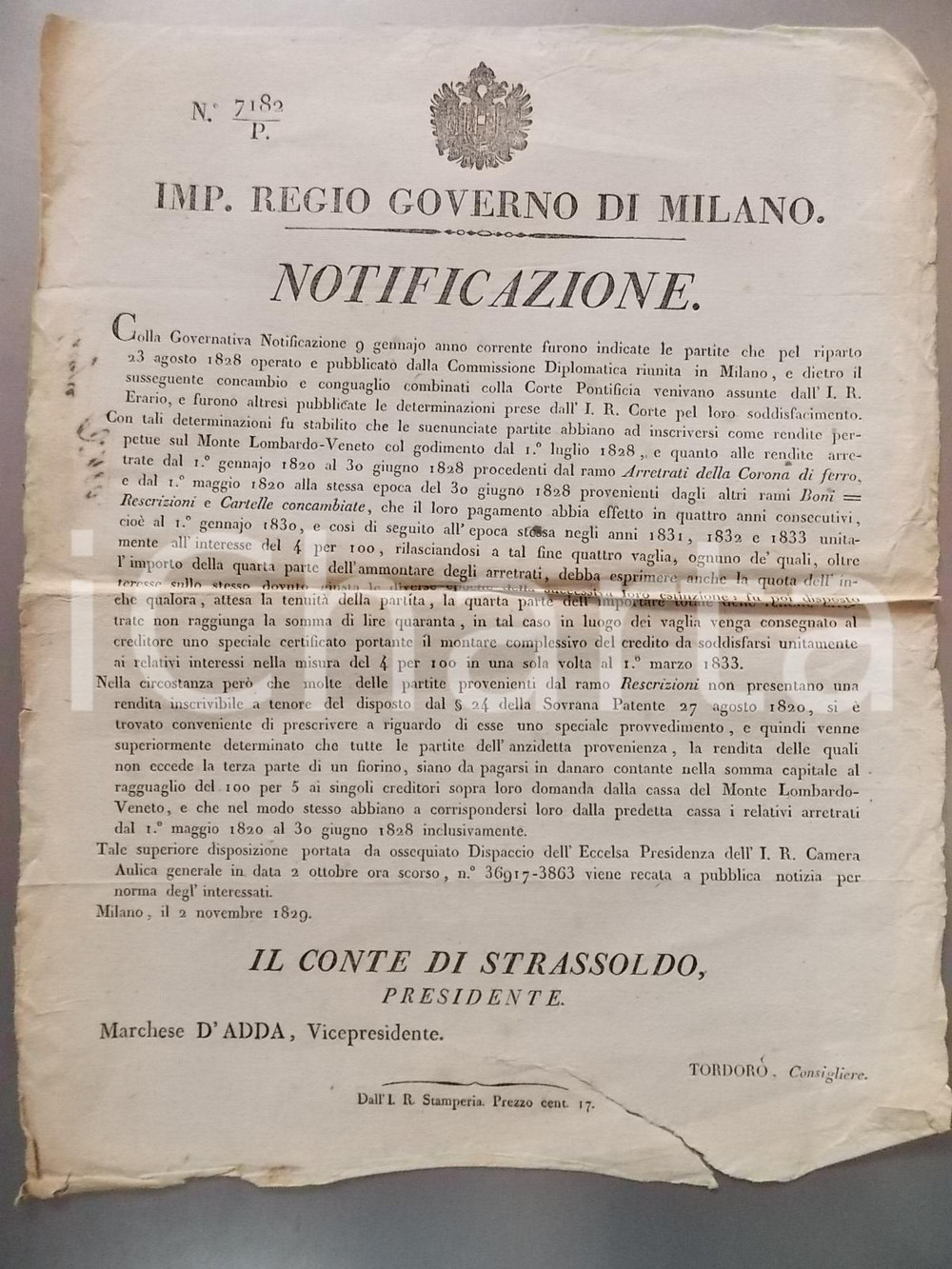Documento originale, autentico 1829 MILANO Norme per iscrizione di rendite sul MONTE LOMBARDO-VENETO *Manifesto 1