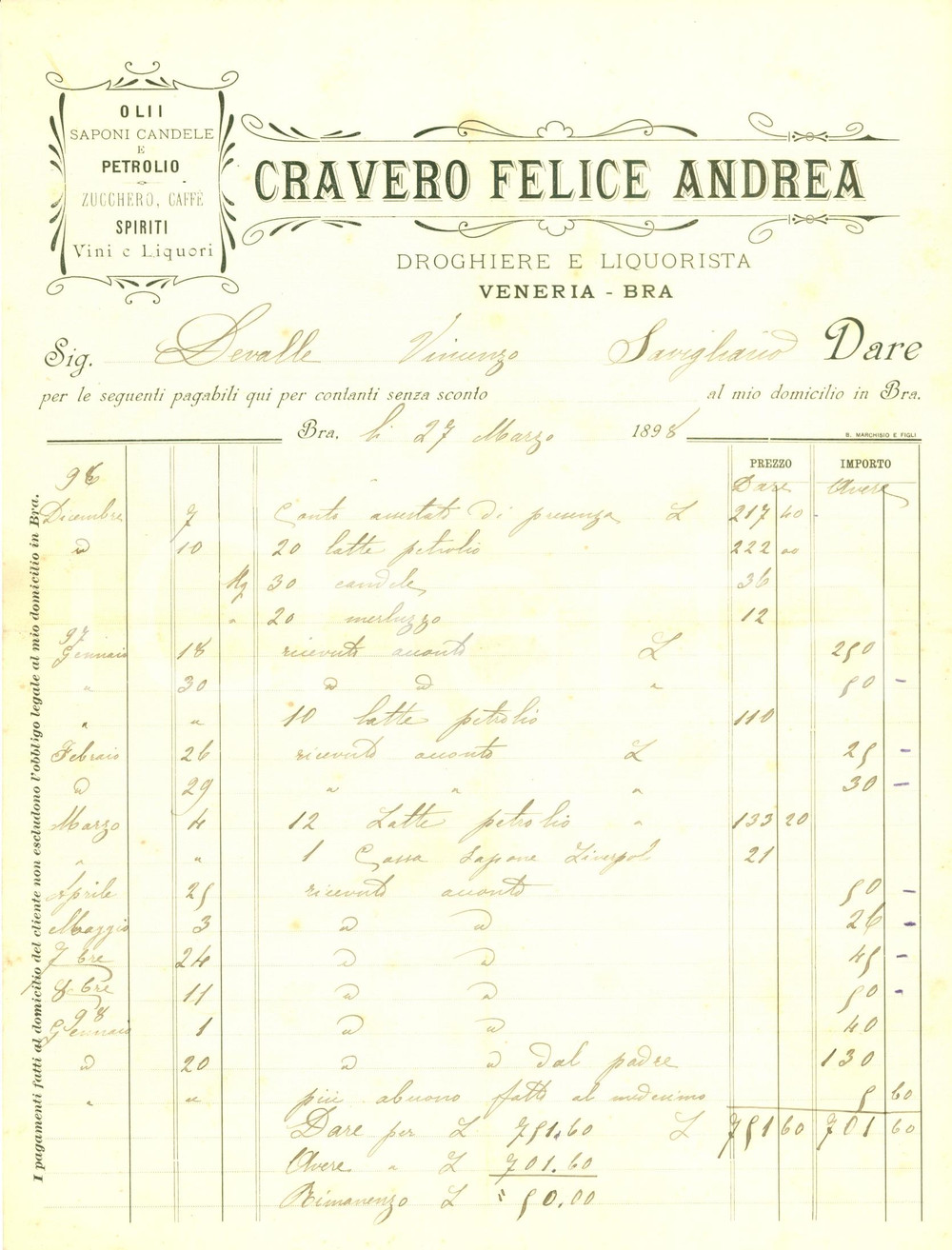 Documento originale, autentico 1898 BRA (CN) Conto Felice Andrea CRAVERO droghiere liquorista *Fattura 1