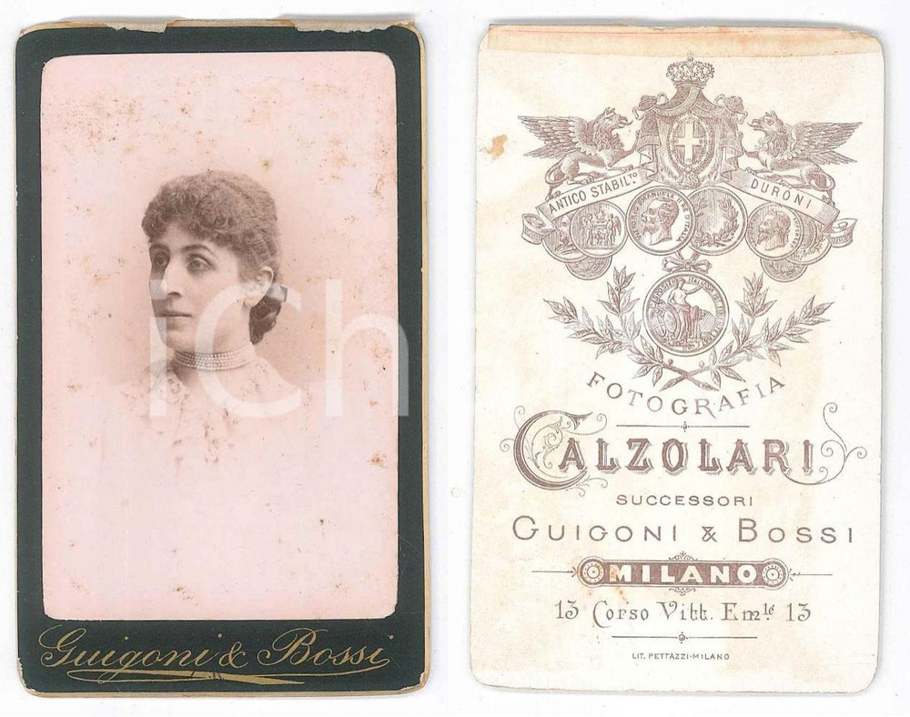 Fotografia d epoca originale 1890 ca MILANO Donna con collana di perle  Busto  Foto GUIGONI & BOSSI CDV 1