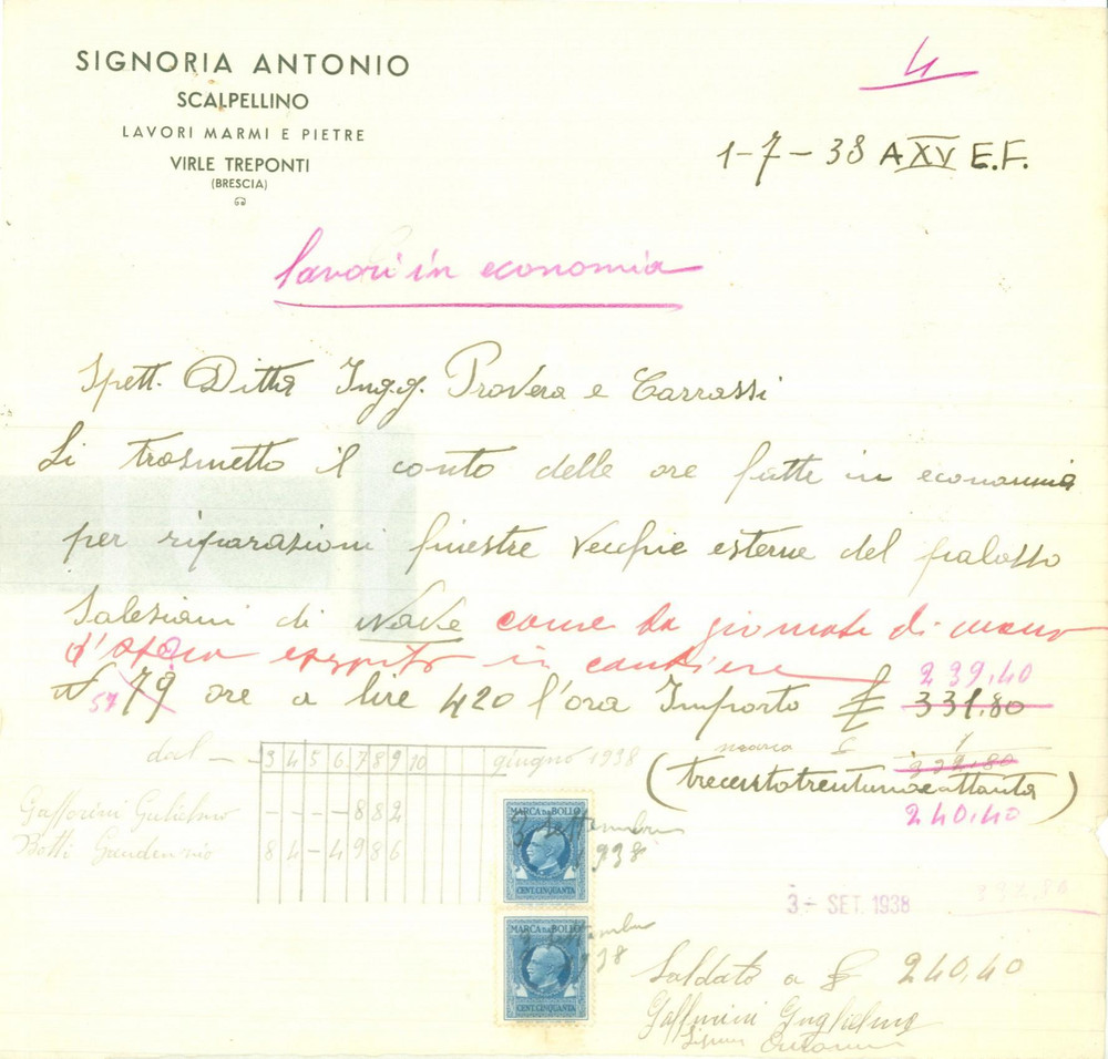 Documento originale, autentico 1938 VIRLE TREPONTI BS Antonio SIGNORIA Scalpellino marmi pietre Fattura 1
