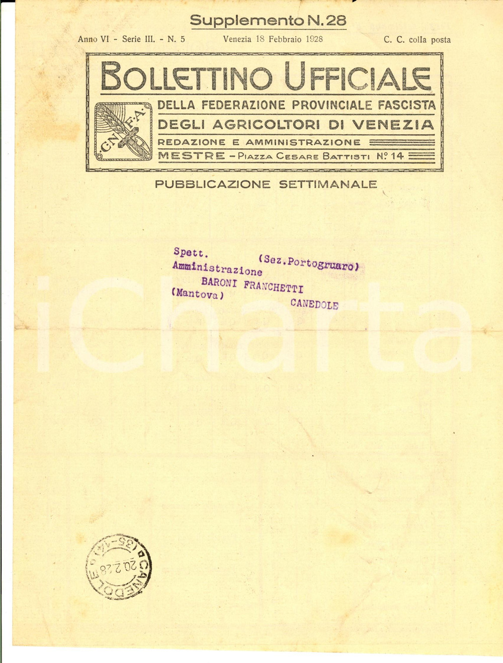Documento originale, autentico 1928 VENEZIA Federazione Provinciale Fascista Agricoltori Bollettino mercati n.5 1