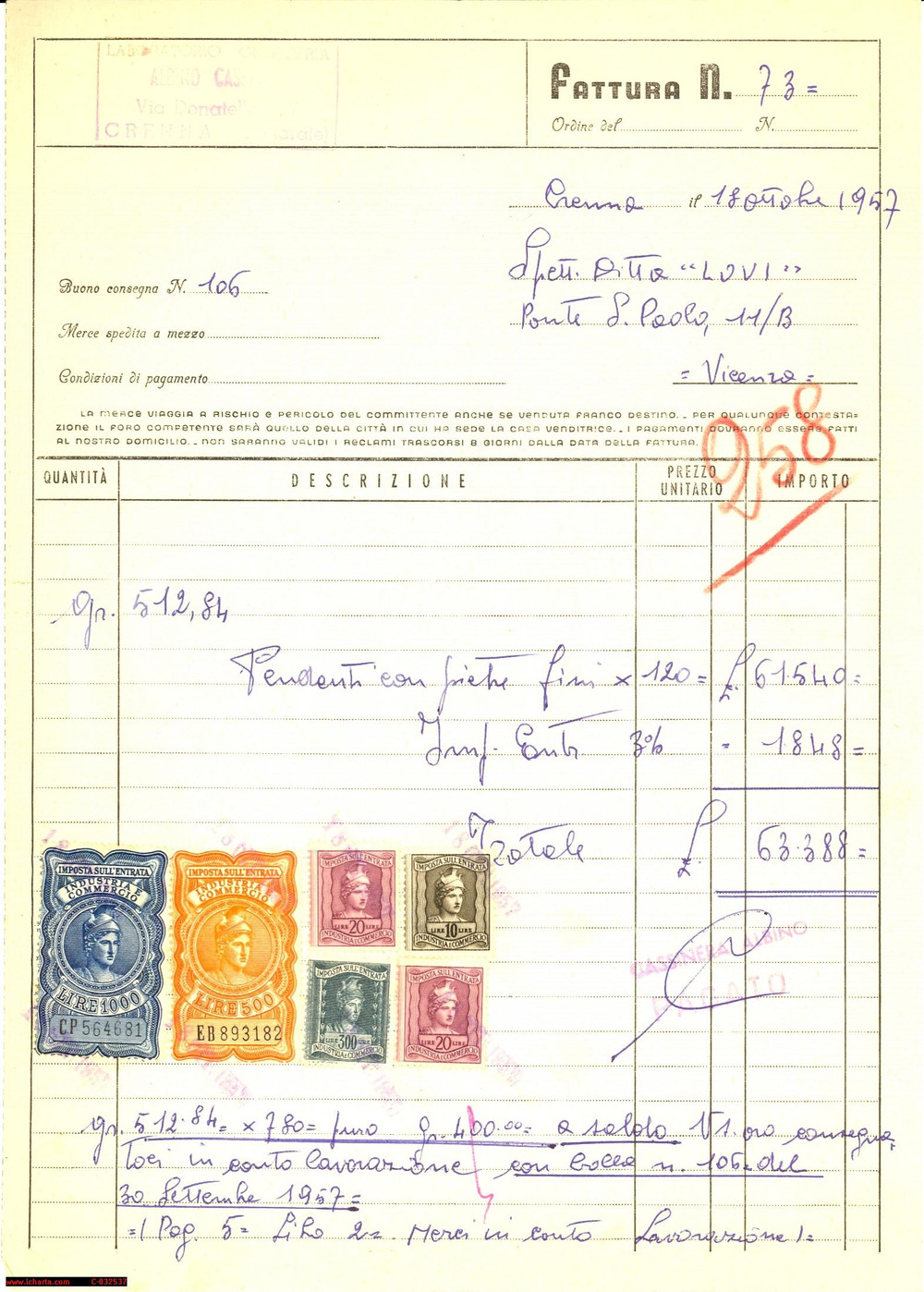 Documento originale, autentico 1957 CRENNA (VA) Pendenti con pietre Albino CASSINERA 1