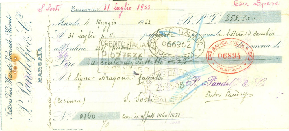 Documento originale, autentico 1933 MARSALA TP Fattoria vini vermouth P. PANDOLFO & C.i. Cambiale 1