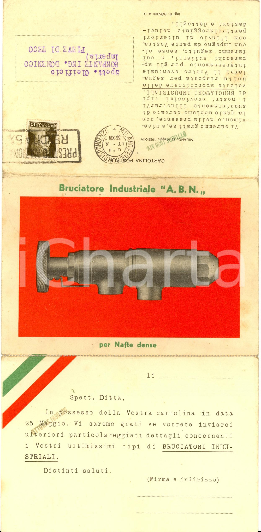 Cartolina originale da collezione 1935 MILANO Ing. ROVINI IMPIANTI A NAFTA Cartolina pubblicitaria pieghevole VG 1