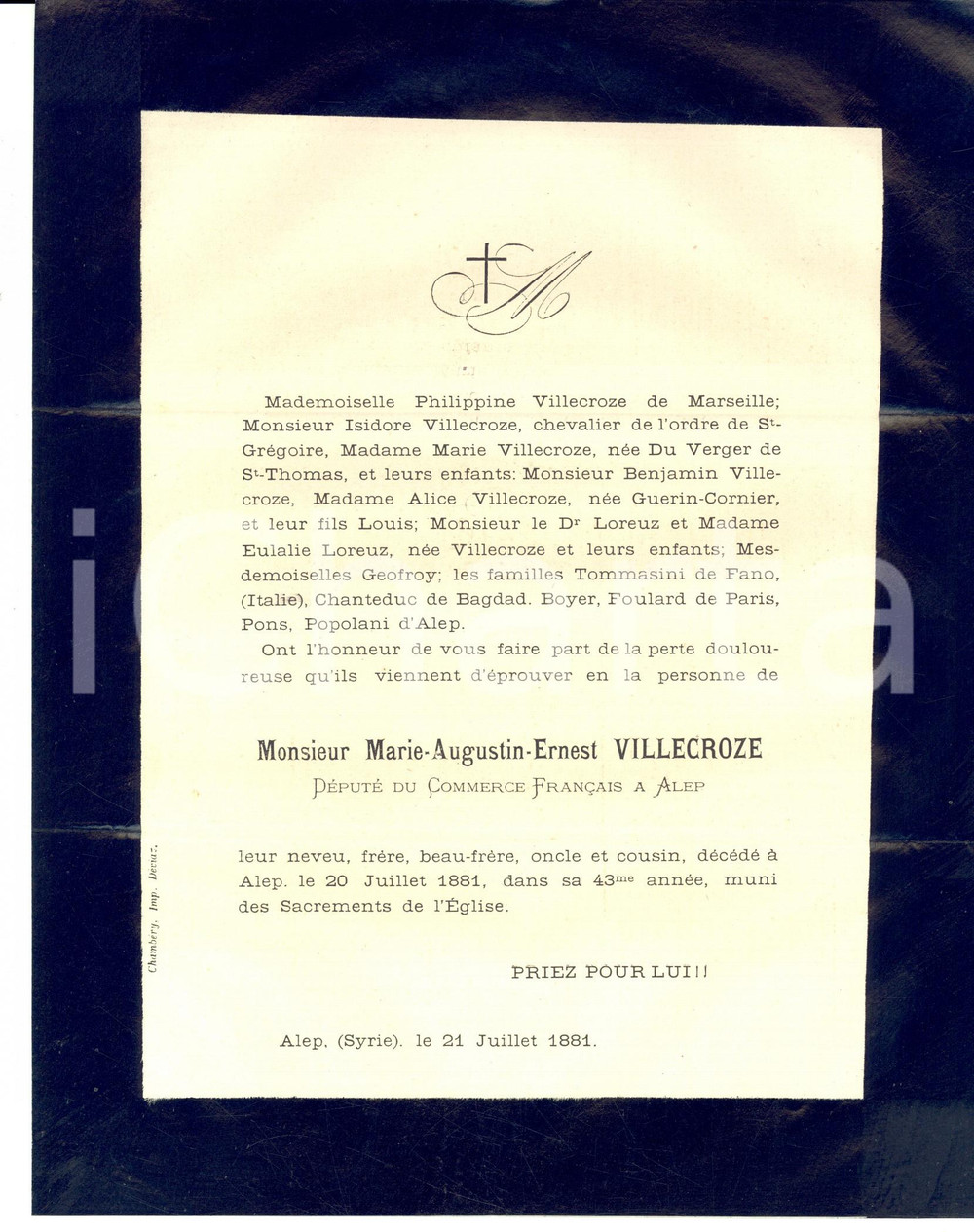 Documento originale, autentico 1881 ALEP SYRIE Avis de décès MarieAugustinErnest VILLECROZE député commerce 1