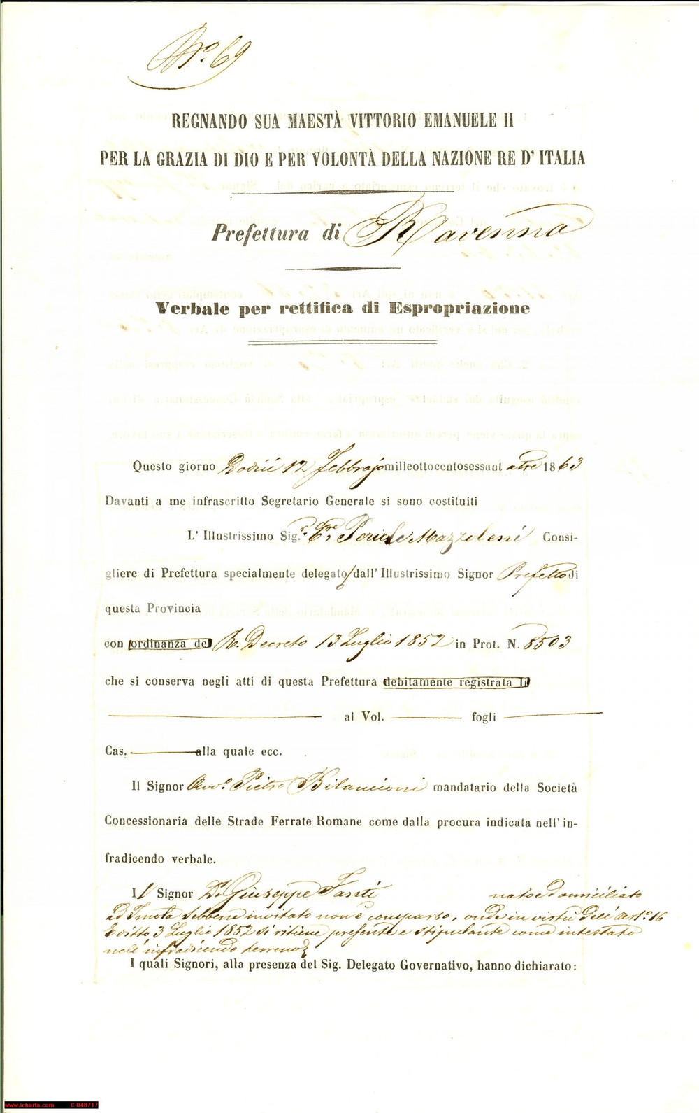 Documento originale, autentico 1863 Strade Ferrate Romane IMOLA (BO) Esproprio FANTI 1