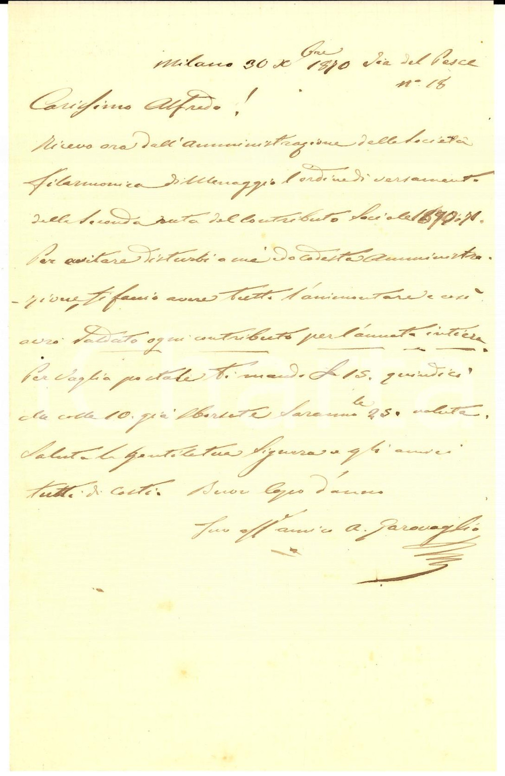 1870 MILANO Lettera Alfonso GAROVAGLIO per iscrizione a filarmonica *Autografo