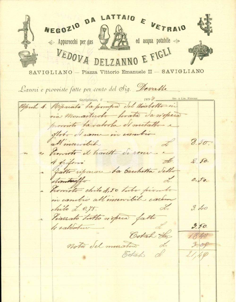 Documento originale, autentico 1898 SAVIGLIANO (CN) Conto Vedova DELZANNO & Figli negozio lattaio e vetraio 1