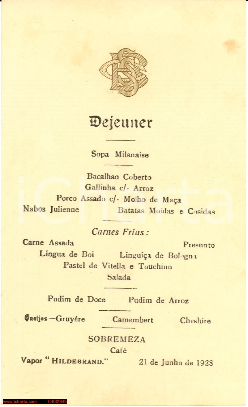 Oggetto da collezione cartaceo 1928 NAVE  A VAPORE HILDEBRAND  Menù del pranzo  RARO 1