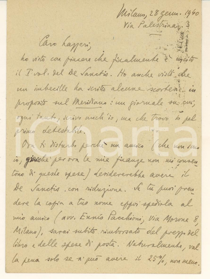 Autografo originale 1940 MILANO Vittorio Enzo ALFIERI chiede sconto su opera di LAZZERI Autografo 1