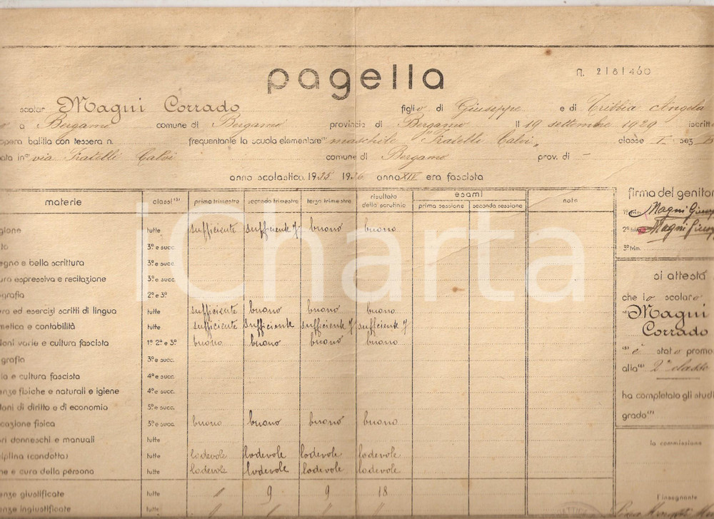 Oggetto da collezione cartaceo 1935 BERGAMO Scuola Fr.lli CALVI Pagella Corrado MAGNI 1