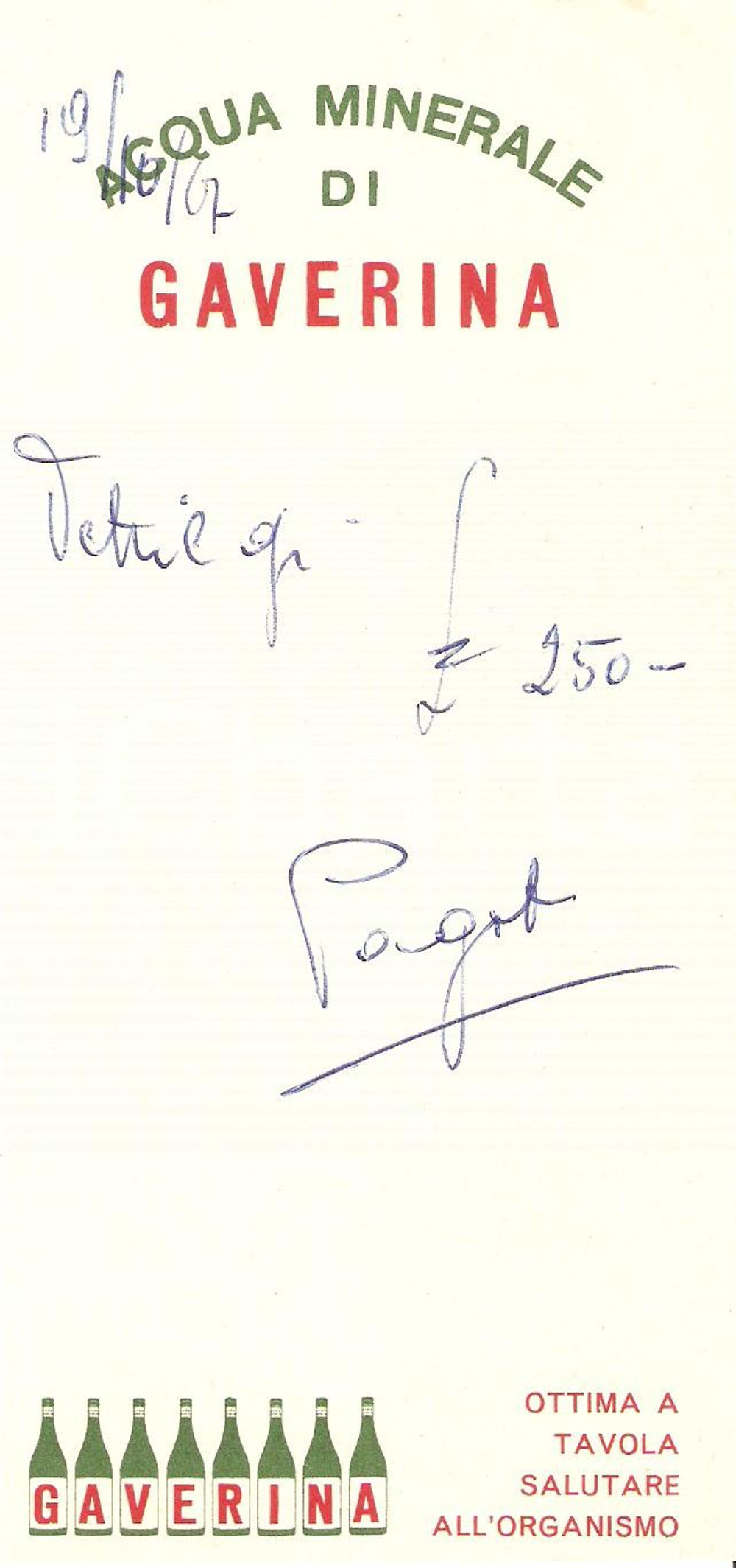 Materiale pubblicitario d’epoca 1967 GAVERINA Acqua Minerale *Ricevuta pubblicitaria 8x17 cm 1