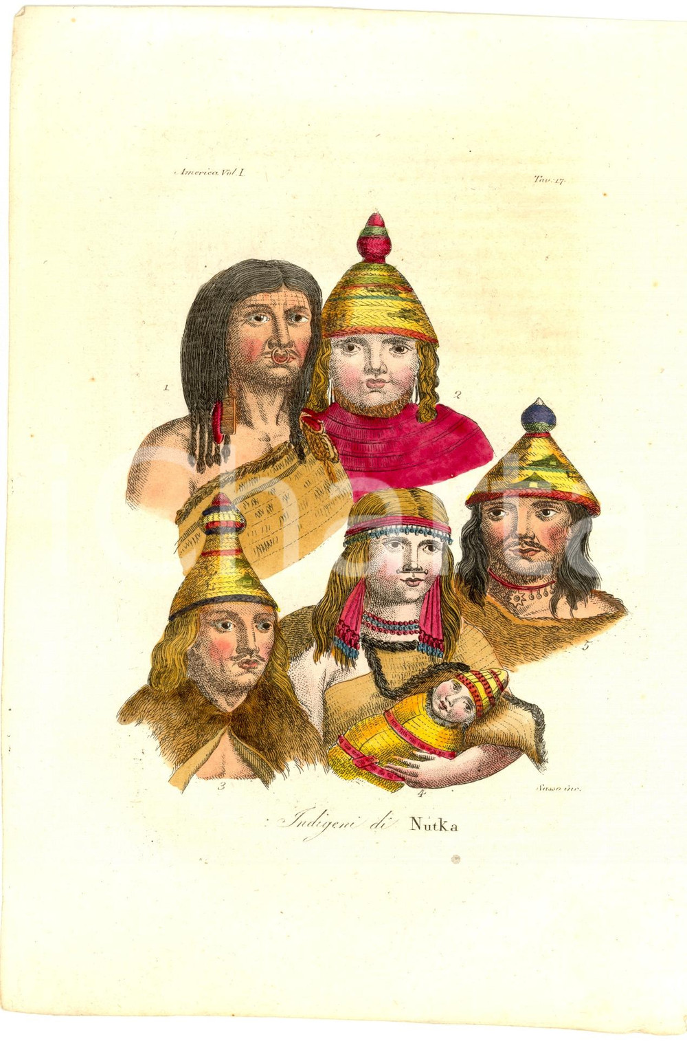 Stampa, bozzetto originale 1830 ANTROPOLOGIA Indigeni di NUTKA Incisione SASSO colorata a mano 1