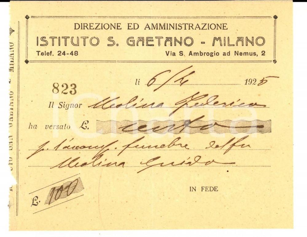 Documento originale, autentico 1925 MILANO Istituto SAN GAETANO Ricevuta per accompagnamento funebre 1