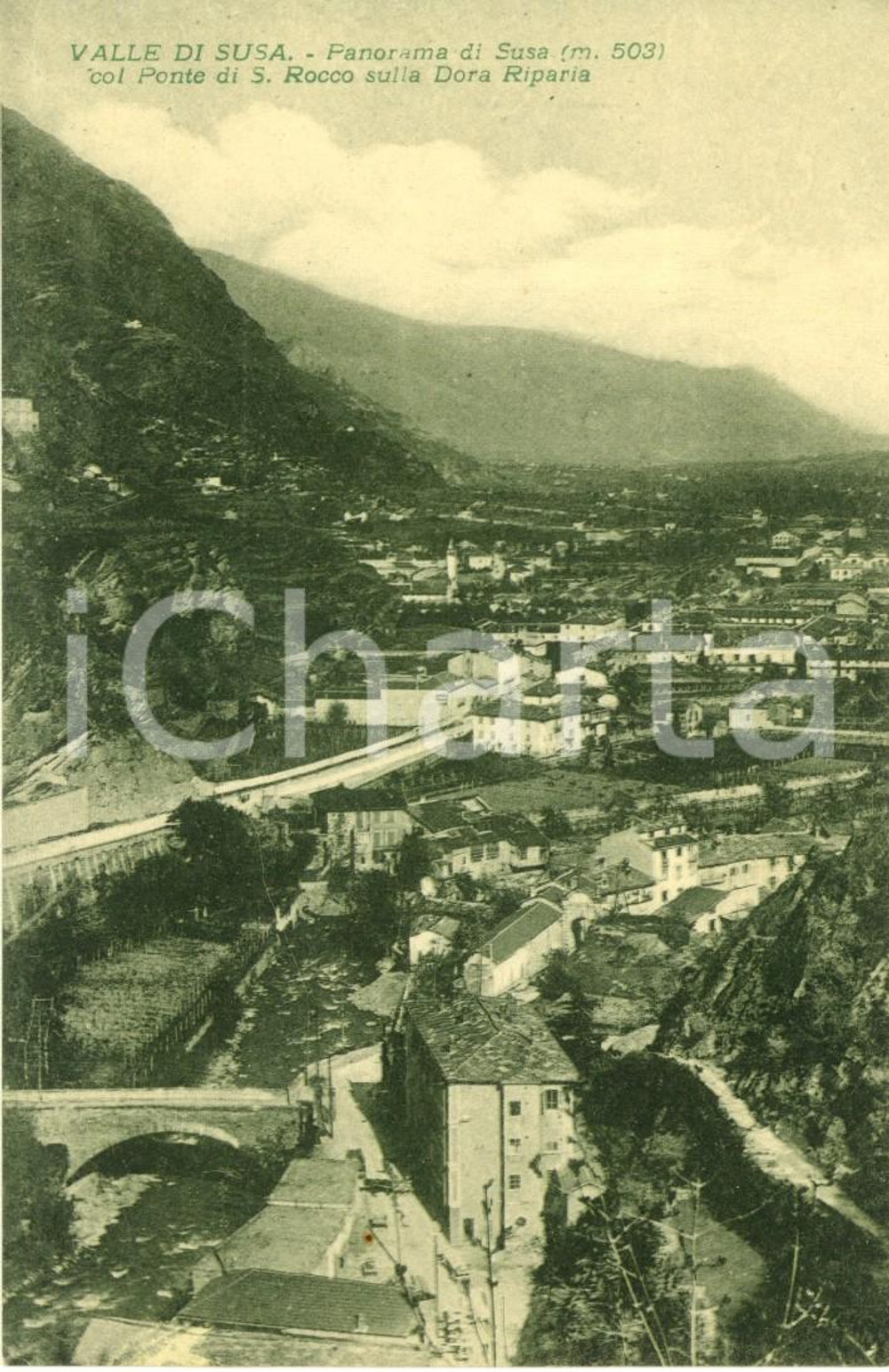 Cartolina originale da collezione 1920 ca SUSA (TO) Panorama del paese con Ponte San ROCCO sulla DORA RIPARIA *FP 1