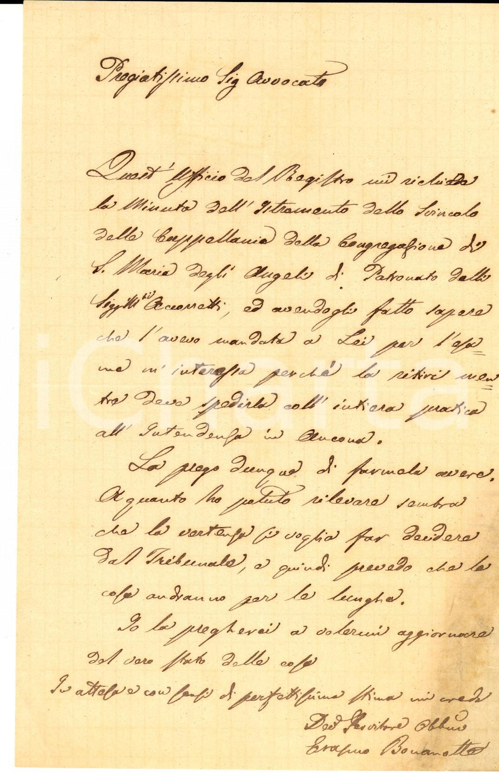 Manoscritto, lettera originale 1875 ca OSIMO AN Notaio Erasmo BUONANOTTE chiede minuta atto di cappellania 1