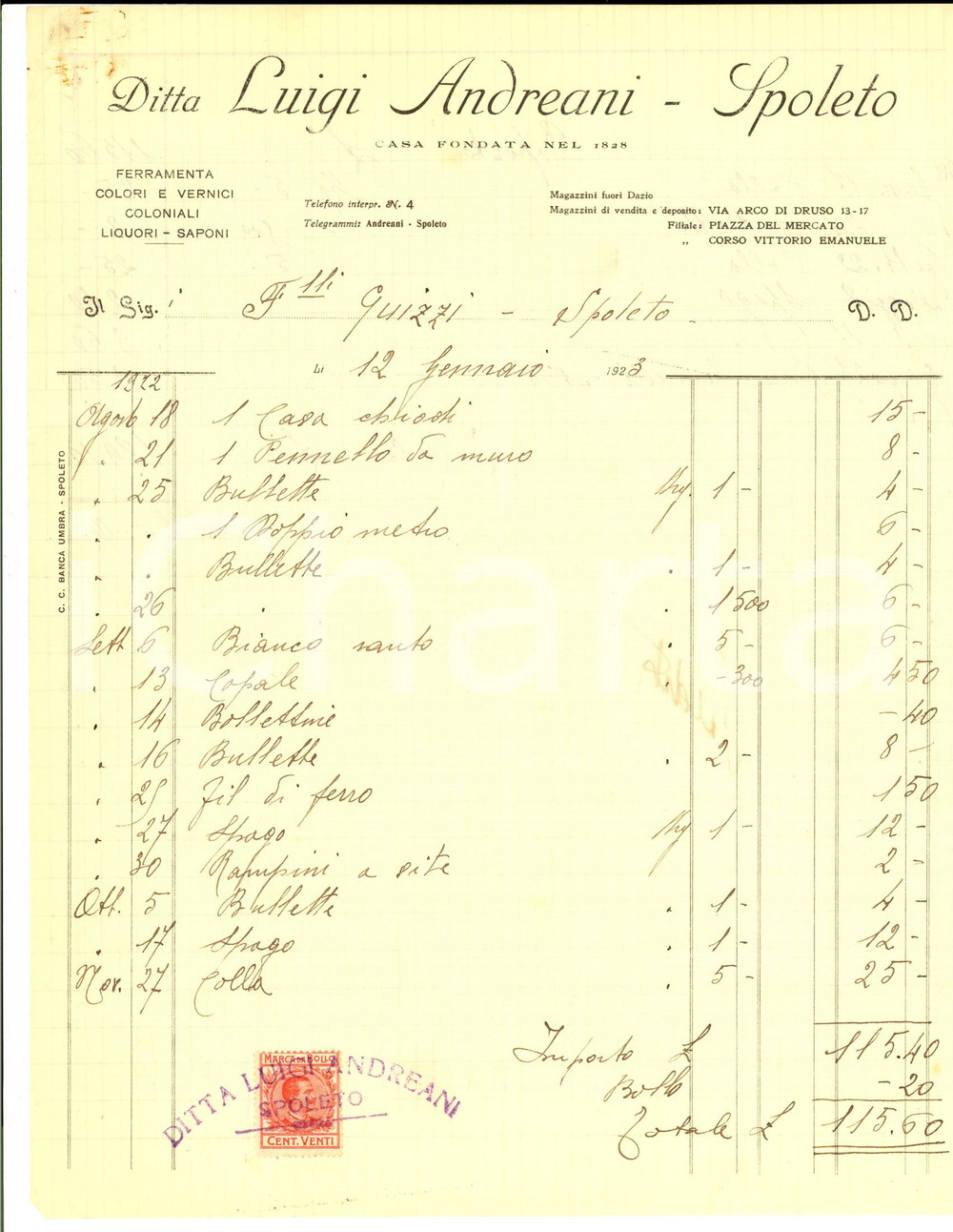 Documento originale, autentico 1923 SPOLETO PG Ditta Luigi ANDREANI Fattura manoscritta per ferramenta 1
