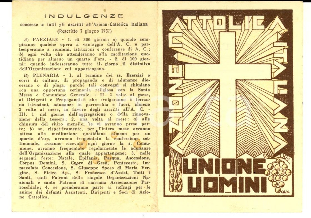 Oggetto da collezione cartaceo 1937 MONTESCHENO AZIONE CATTOLICA Tessera UNIONE UOMINI Alessandro COMINA 1