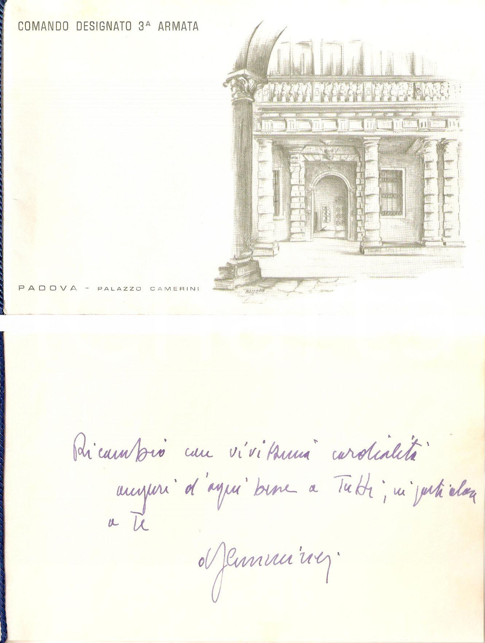 Oggetto da collezione cartaceo 1960 ca PADOVA Palazzo CAMERINI Comando designato 3^ARMATA  Biglietto augurale 1