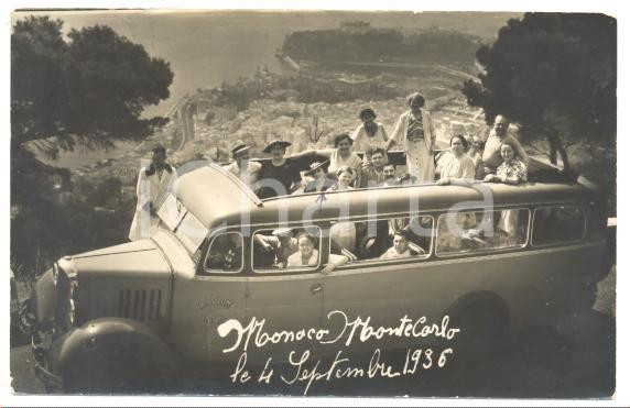 1936 MONTECARLO Foto di gruppo su torpedone COLOMB - NICE *Cartolina DANNEGGIATA