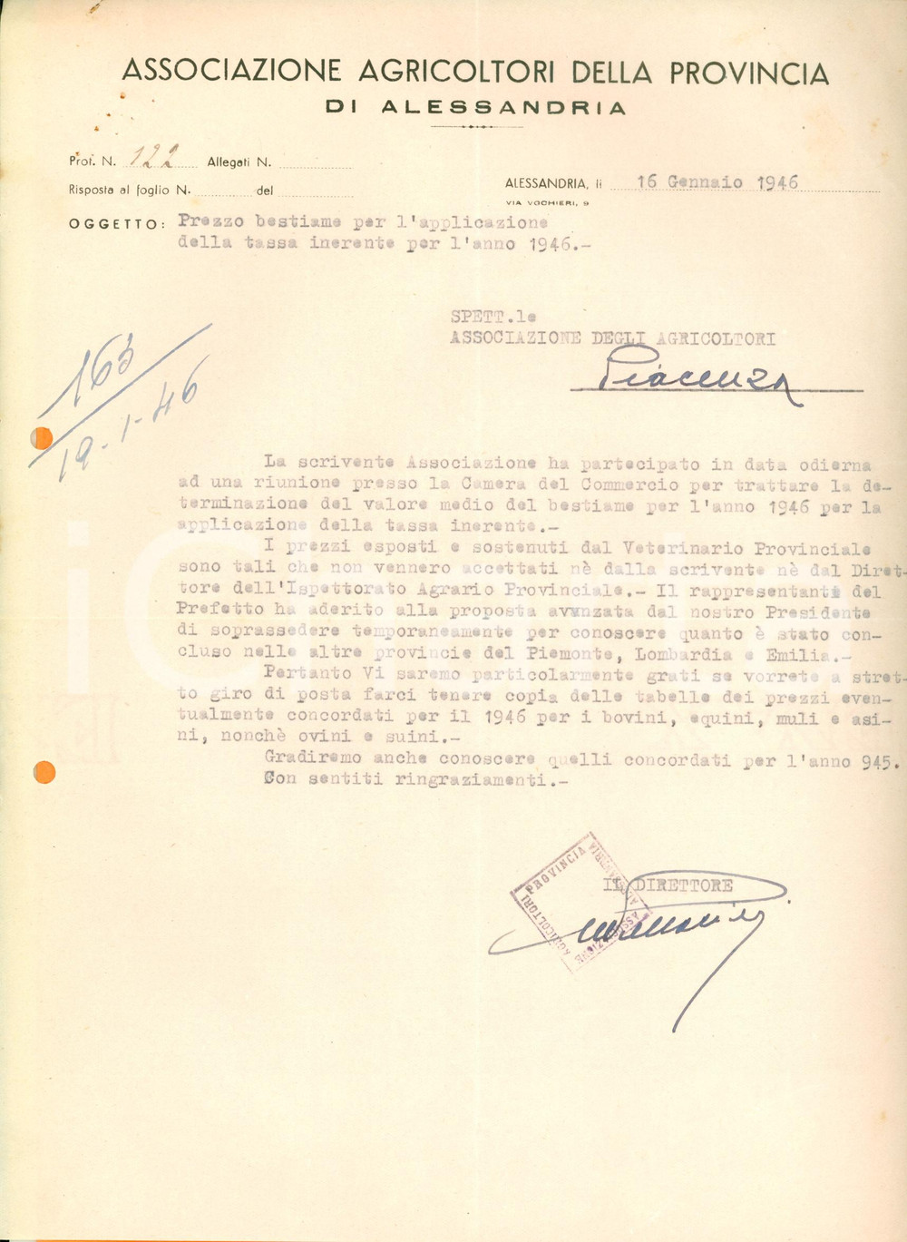 Manoscritto, lettera originale 1946 ALESSANDRIA Associazione Agricoltori valore medio del bestiame *Lettera 1