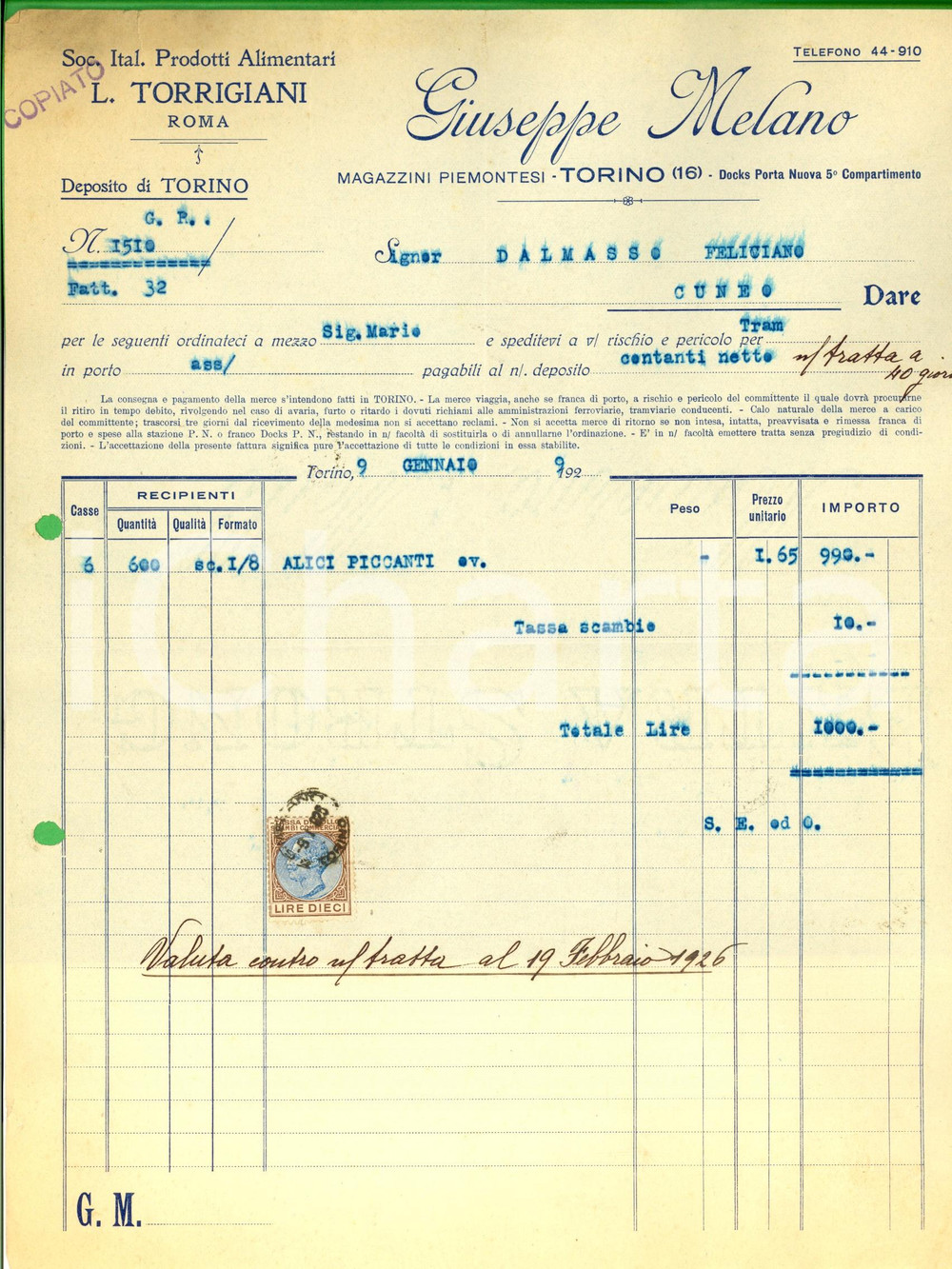 Documento originale, autentico 1925 TORINO Giuseppe MELANO  Luigi TORRIGIANI Prodotti alimentari Fattura 1