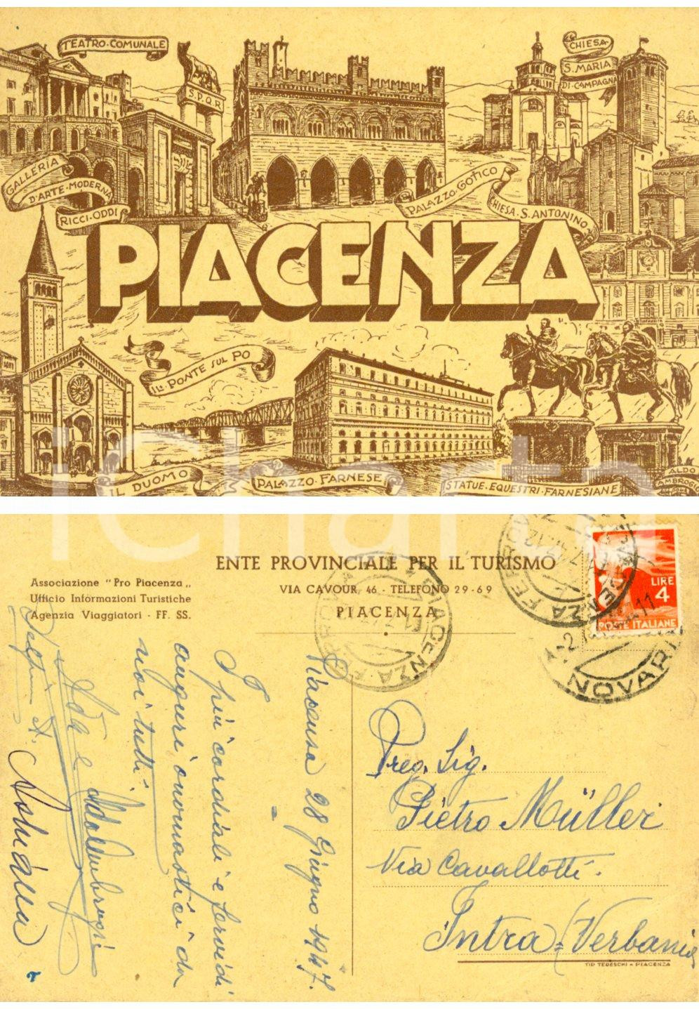 Autografo originale 1947 PIACENZA Cartolina Ente Provinciale Turismo *Autografo ALDO AMBROGIO FG VG 1