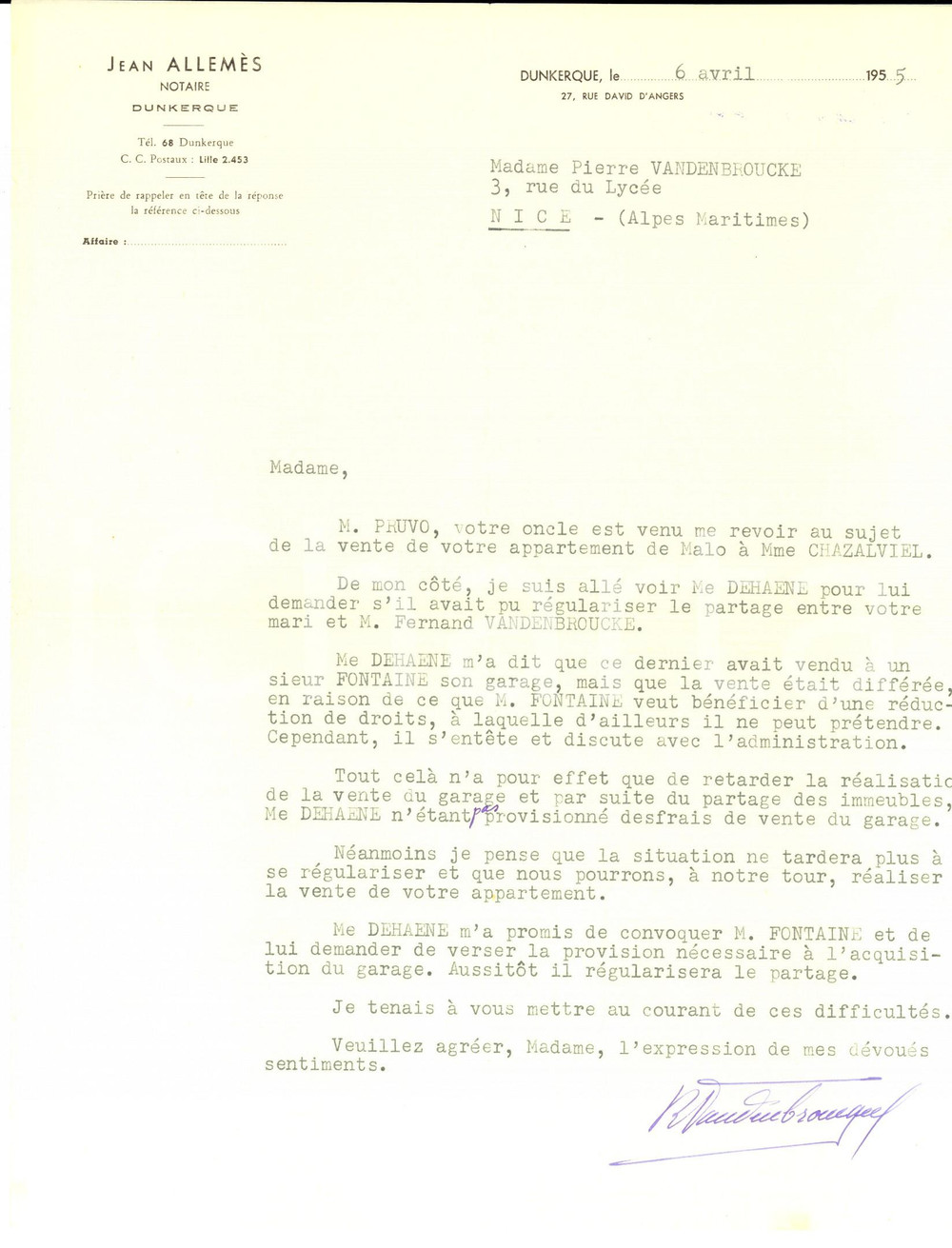 Documento originale, autentico 1955 MALO-LES-BAINS (F) Notaio Jean ALLEMES su vendita appartamento *Lettera 1