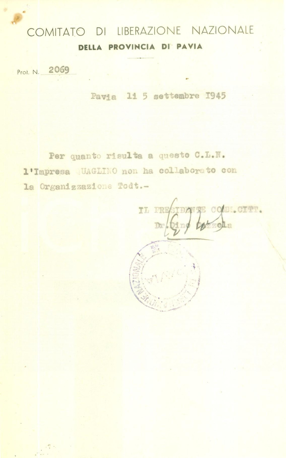 Documento originale, autentico 1945 PAVIA CLN Impresa QUAGLINO non ha mai collaborato con Organisation TODT 1