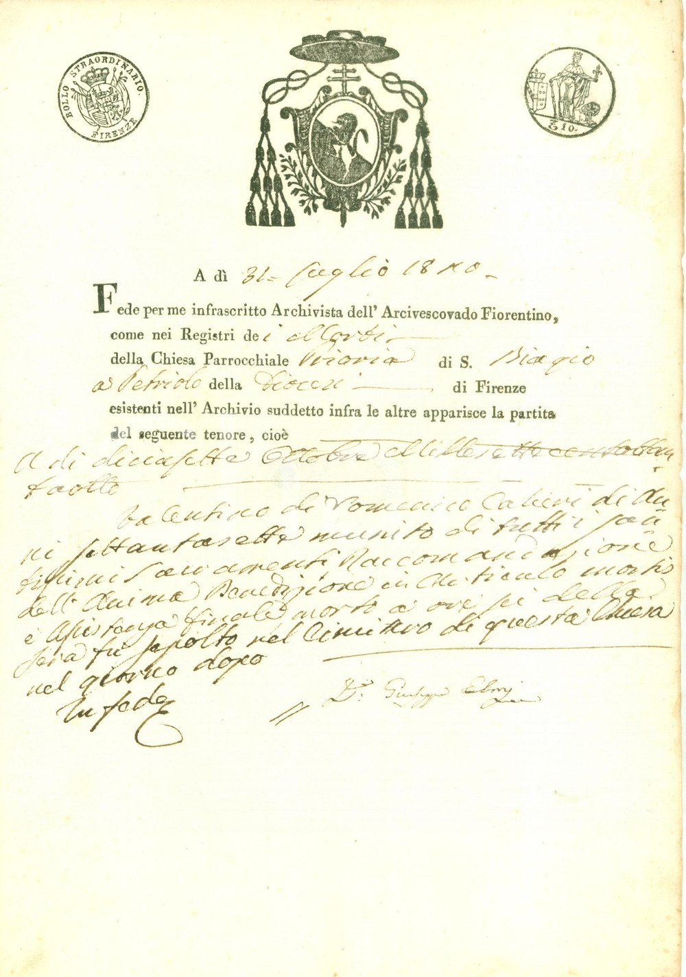 Documento originale, autentico 1880 FIRENZE Certificato morte Valentino CALCINI Prioria SAN BIAGIO A PETRIOLO 1