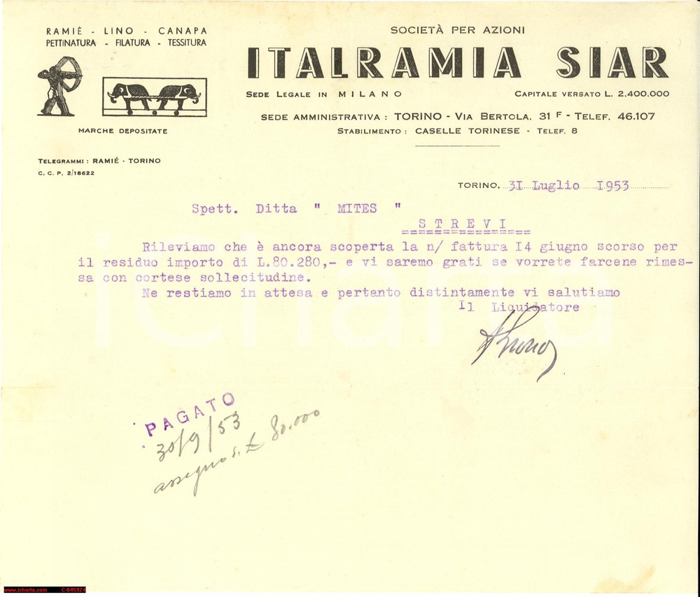 Manoscritto, lettera originale 1953 MILANO Lettera ITALRAMIA SIAR ramié filatura 1