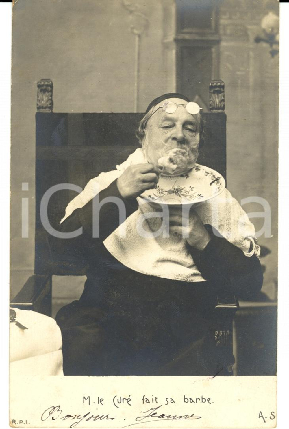 Cartolina originale da collezione 1902 SATIRA Ecclesiastica M. le CurÃ© fait sa barbe FP VG 1